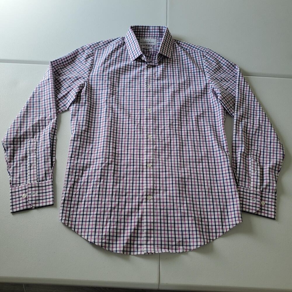 Mizzen Main Leeward Shirt Mens XL Trim Fit Purple Blue Plaid Stretch Performance